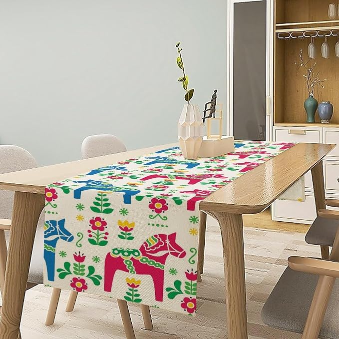 House Table Runner Swedish Art Horse and Flower,Cotton Linen Table Runner Decoration Kitchen Dining Table Runners for Indoor Outdoor Home Party Holiday Decor 13X36Inch