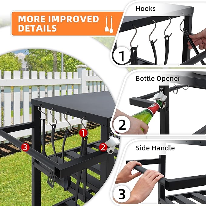 Outdoor Grill Cart with Grill Kit, Movable BBQ Prep Tables Station with Wheels, Dining Cart Table with 2-Tier Storage Cart, 33.3" Lx19.9W x33.2H Grill Table, Black