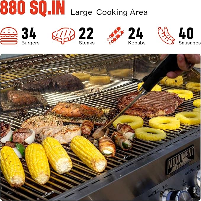 Monument Grills 6 Burner 640 sq.in. Stainless Steel Propane Gas Grill with a Rotisserie Kit, a Side Burner, a Built-In Thermometer, Large Cabinet Style Grill