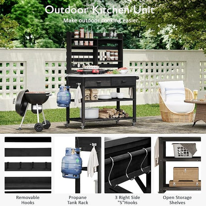 65 Inch Outdoor Potting Bench with Stainless Steel Top, Black | Black fir wood, stainless steel top, garden or patio, upper hutch, 2 drawers, towel rack, lockable wheels, 52 in L