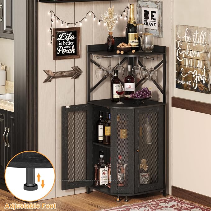 JKsmart 4-Tier Corner Bar Cabinet with LED Light and Glass Holder, Mini Bar | Industrial Liquor Cabinet with Door and Storage Shelf, Space-Saving Home Bar for Wine, Coffee and Entertaining, Black