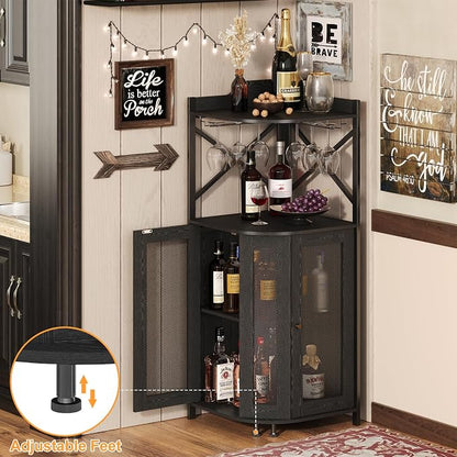 JKsmart 4-Tier Corner Bar Cabinet with LED Light and Glass Holder, Mini Bar | Industrial Liquor Cabinet with Door and Storage Shelf, Space-Saving Home Bar for Wine, Coffee and Entertaining, Black