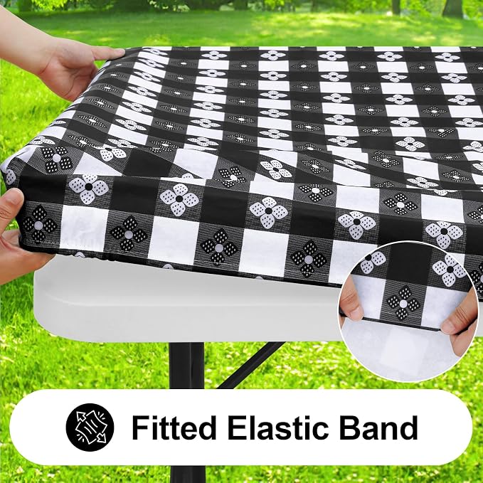 Rectangle Picnic Table Cloth, Waterproof Elastic Fitted Table Covers for 6 Foot Tables, Flannel Backed Plastic Vinyl Tablecloths for Camping, Dining and Indoor (Black & White+Grey & White)