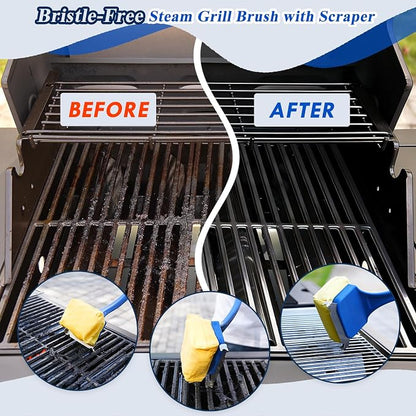 Bristle Free Grill Brush for Outdoor Grill, BBQ Grill Brush with Scraper, Steam Grill Brush Bristle Free, Grill Cleaning Brush with Replaceable Head, Grill Accessories for Gas Charcoal Smoker Griddle