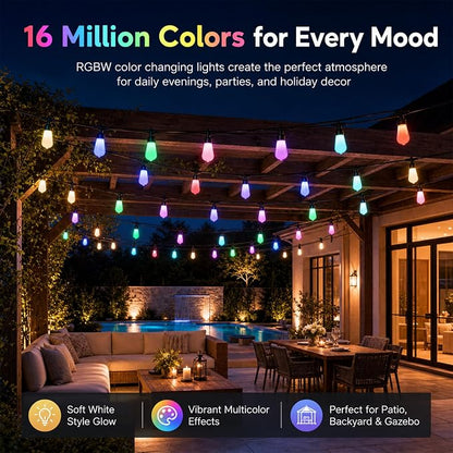100FT Outdoor String Lights, 2x50FT RGBW Patio Lights, App & Remote | 2x50FT connected design with 40 ST48 milk white bulbs, RGBW color changing light, timer and music sync for large patio decor