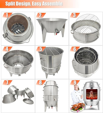 INTBUYING 3-Tier Charcoal Duck Roaster Oven 23.6" x 53" Stainless Steel Roasting Machine for Peking Duck BBQ Chicken Turkey Pig with Hooks & Pins for Commercial Home Use Roast Oven