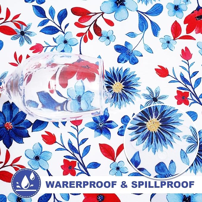 SquarePie 4th of July Outdoor Tablecloth with Umbrella Hole Round - 60 Inch Waterproof Zipper Patriotic Red Blue Flowers Table Cover for Spring Summer Garden Party Picnic