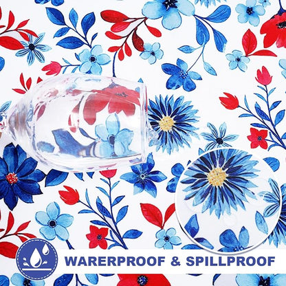 SquarePie 4th of July Outdoor Tablecloth with Umbrella Hole Round - 60 Inch Waterproof Zipper Patriotic Red Blue Flowers Table Cover for Spring Summer Garden Party Picnic