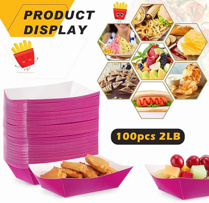 100 Pcs 2lb Paper Food Trays Boat Nacho Boats for Hot Dogs, Purple | Grease-Resistant, Disposable Kraft Paper Boat for Tacos Concession, Food Trucks, Birthday, Wedding, Christmas, Halloween
