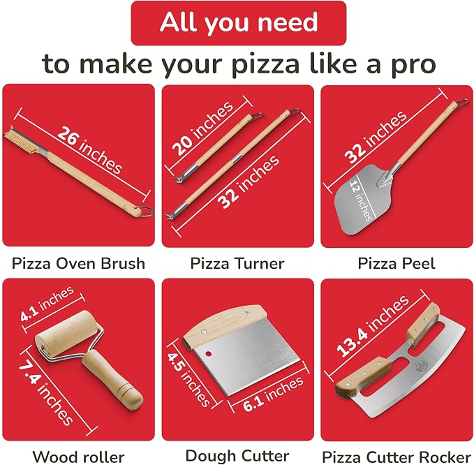 Senwosa Premium Pizza Oven Accessories Kit - 6-Piece Set for Home Pizza Making: Includes Pizza Peel, Oven Brush, Bubble Popper Turner, Rocker Cutter, Dough Roller & Scraper