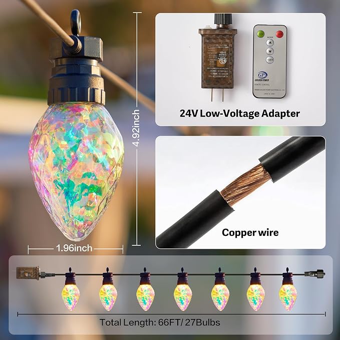Outdoor String Lights, 66FT 27 LED Iridescent Holographic Bulbs, Waterproof Patio Lights with Remote Control, Shatterproof Connectable Lights for Backyard, Porch, Garden, and Party