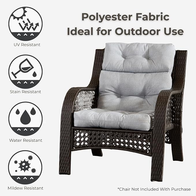 Outdoor Tufted High-Back Chair Cushions, One-Piece Hinged Seat and Back Design, Reversible with 4 Ties, Durable Polyester Fabric, Recycled Fiber Fill - Single, Heather Gray