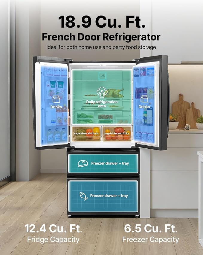 VEVOR French Door Refrigerator, 18.9 Cu. Ft. Kitchen Fridge, Counter Depth French Refrigerator with LED Display and 4 Casters, Frost-Free Bottom Freezer Refrigerators for Home & Commercial Use, Black