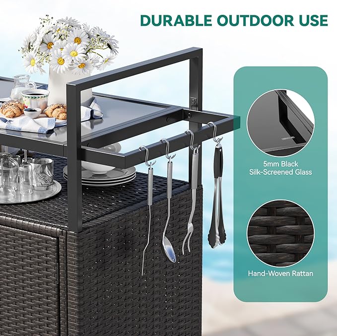 YITAHOME Large Outdoor Kitchen Wicker Island Rolling Cart, Patio Bar Table with Thickened Frame, Patio Storage Cabinet w/Wheels and Black Glass Table Top Backyard and Poolside Dark Brown