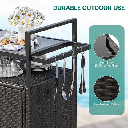 YITAHOME Large Outdoor Kitchen Wicker Island Rolling Cart, Patio Bar Table with Thickened Frame, Patio Storage Cabinet w/Wheels and Black Glass Table Top Backyard and Poolside Dark Brown