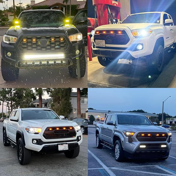 DREAMOTOR 4PCS LED Grille Lights Universal Clip-On Front Amber Grill Lights | with Wiring Harness & Fuse, Compatible With Dodge Ram 1500 Ford F150 GMC Sierra 1500 Chevy Silverado Raptor Toyota