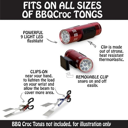 Clip-On LED Pocket Grill Light by BBQ Croc, 2-Pack, Hands-Free Mini Flashlight with Clip, Ultra-Bright 9 LED, Snaps to Hats Tools Shoes & More, Batteries Included