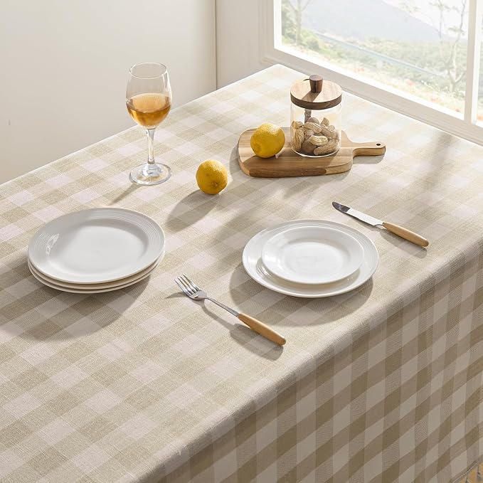 Softalker Checkered Tablecloth Rectangle, Outdoor Linen Cotton Gingham Table Cloth with Tassel, Heavy Duty Wrinkle Free Buffalo Plaid Table Cover for Kitchen Dining Summer Party - 55 x 102 Inch, Beige