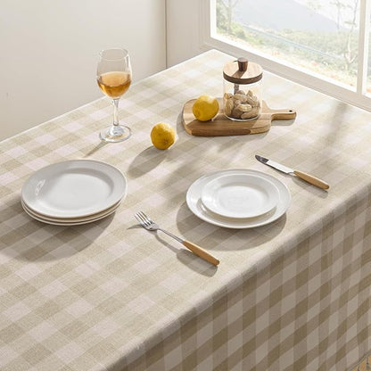 Softalker Checkered Tablecloth Rectangle, Outdoor Linen Cotton Gingham Table Cloth with Tassel, Heavy Duty Wrinkle Free Buffalo Plaid Table Cover for Kitchen Dining Summer Party - 55 x 70 Inch, Beige