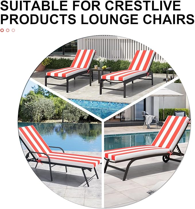 Crestlive Outdoor Chaise Lounge Cushions, 3 Years Fade Resistant Water Resistant Lounge Chair Cushion, 72''L x 21''W, Set of 2, Red Cabana Stripe