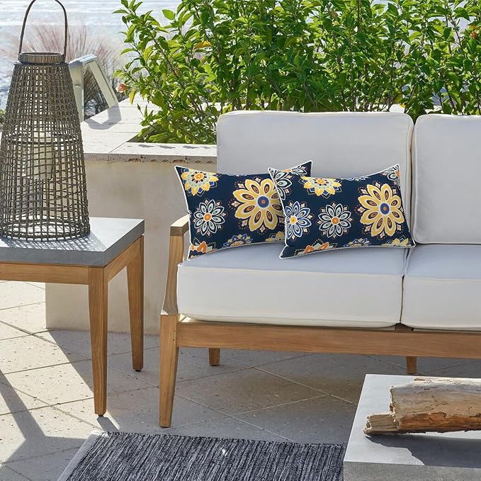 LVTXIII 2 Pack Outdoor Lumbar Pillow Covers 12x20 Inch with Piping, Water-Repellent Back Cushion Covers ONLY for Patio Furniture, Sofa, Garden Bench, Bloom Cobalt