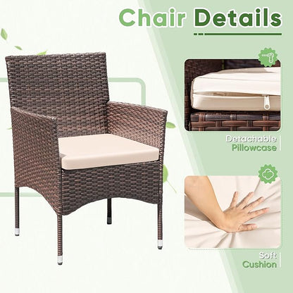 Greesum 3 Pieces Patio Dining PE Rattan Wicker Chair Furniture Set with Cushion and Glass Coffee Table for Outdoor Garden Backyard Poolside, Brown and Beige