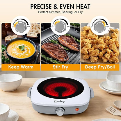 Davivy Single Burner Hot Plate with Sturdy Handle, 7.9 inch Ceramic Glass Cooktop, 1200W Infrared Cooker, Compatible Of All Cookware, White