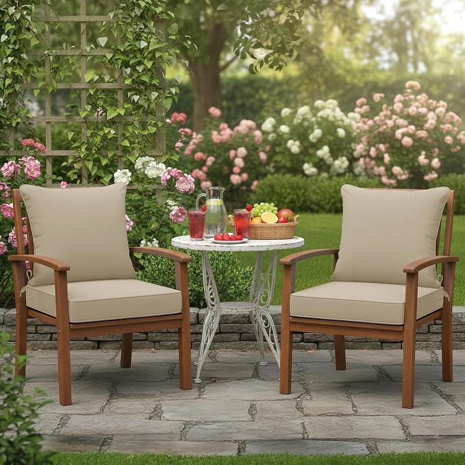 Summsun Patio Chair Cushions 22 x 22 Inch, Cream, Set of 2 | Double-Sided Water Resistant, Removable Cover, Back Pillow & Seat Cushion, Tie Straps, Fit for Patio, Garden, Sofa Couch
