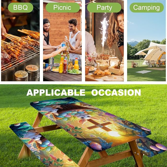 Picnic Table Cover with Bench Covers 72in,Waterproof Windproof Fitted Tablecloth,Easter Bunny with Cross Design for Easter,Camping Essentials with Drawstring Bag for Patio,Park & Backyard