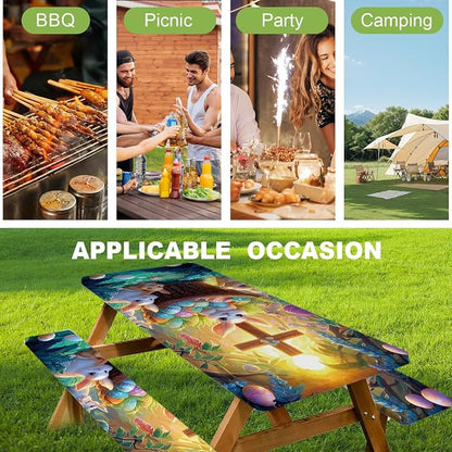Picnic Table Cover with Bench Covers 72in,Waterproof Windproof Fitted Tablecloth,Easter Bunny with Cross Design for Easter,Camping Essentials with Drawstring Bag for Patio,Park & Backyard