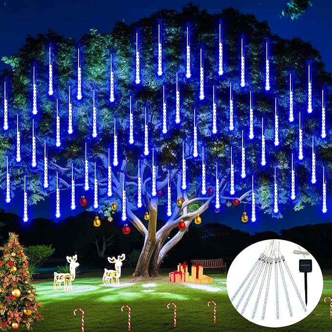 JMEXSUSS Solar Lights for Outdoor Decor, 8 Tube 144 LEDs Solar Meteor Shower Lights Outdoor, Hanging Blue Christmas Lights for Tree Yard Icicle Garden Patio Gazebo Eaves Front Porch Decor