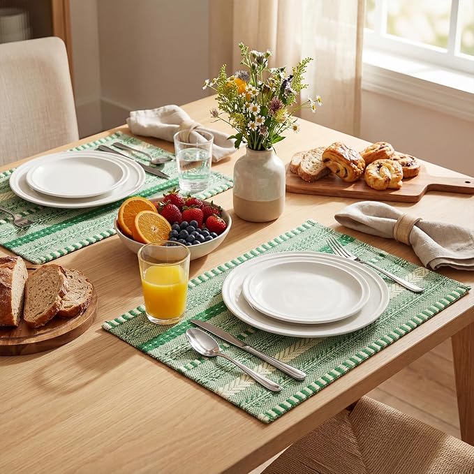 Artoid Mode Emerald Farmhouse Woven Braided Stripe Placemats Set of 6,12x18 Inch Seasonal Holiday Table Mats Party Kitchen Dining Decoration