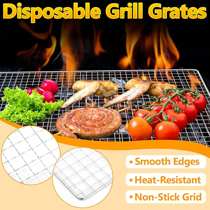 20 Pack Disposable Grill Topper, 11.8 X 15.8 Inch Disposable Grill Grates, Stainless Steel Barbecue Mesh Mat, BBQ Roasting Racks, Baking Rack Grid Grates for Camping Picnics Outdoor BBQ