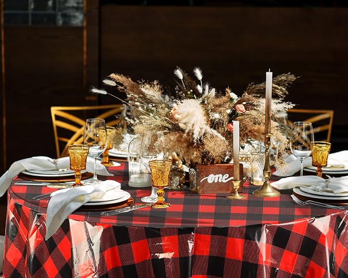 Disposable Checkered Tablecloth Round Plastic Buffalo Plaid Table Cloth 84'' Gingham Tablecover for Picnic Camping BBQ Graduation Party (Red and Black,3 Pieces)