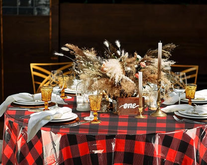 Disposable Checkered Tablecloth Round Plastic Buffalo Plaid Table Cloth 84'' Gingham Tablecover for Picnic Camping BBQ Graduation Party (Red and Black,3 Pieces)