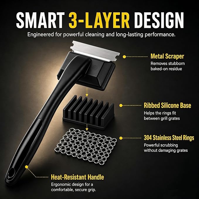 Bristle-Free Grill Brush & Scraper,Durable, Efficient and Extra Safe BBQ Cleaning Brush for Cast Iron and Stainless Steel Outdoor Grills(Coarse Mesh)