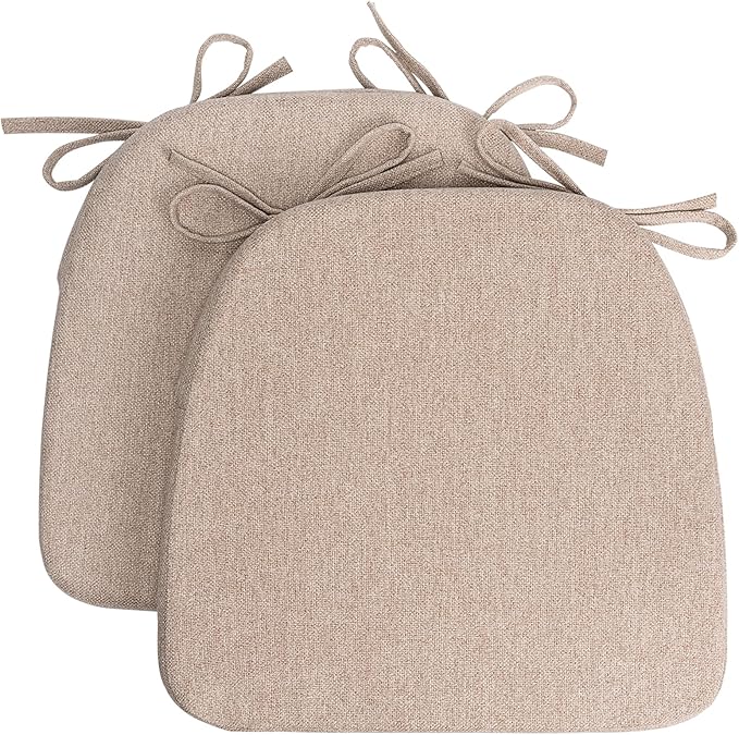 Sunsleek Chair Cushions for Dining Chairs, D-Shaped Seat Cushions with Removable Washable Cover and Ties, Chair Pads for Kitchen, Indoor Dining Room, Patio Chairs, 17'' x 16'', Set of 2, Khaki