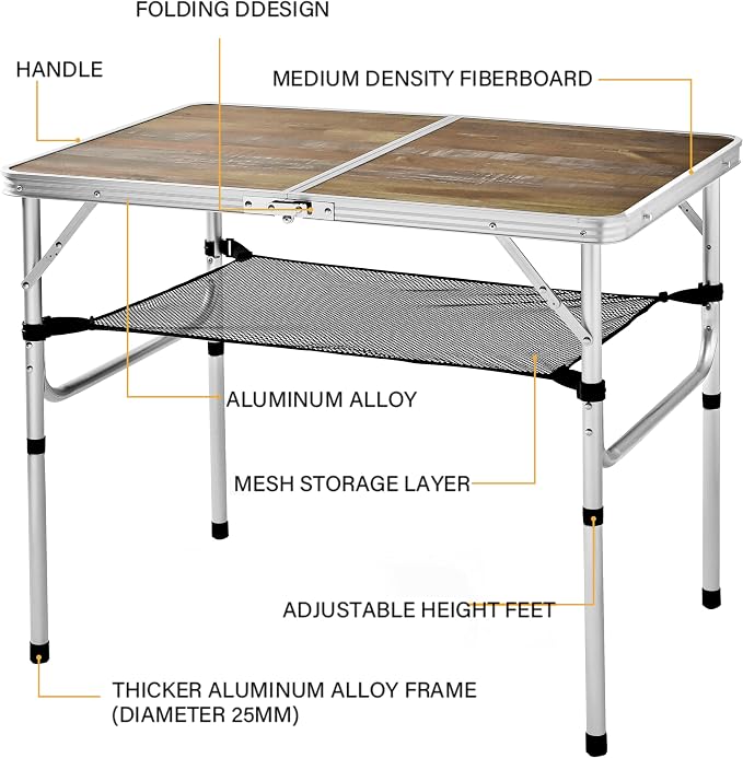 YUFIFAIRY Aluminum Camp Table, 36''L x24''W Folding Table Portable | Lightweight Foldable, Storage Net, Carry Handle, 2 Adjustable Height16"/28", For Indoor, Outdoor, Cooking, Picnic, Wood Grain