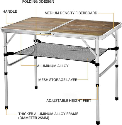 YUFIFAIRY Aluminum Camp Table, 36''L x24''W Folding Table Portable | Lightweight Foldable, Storage Net, Carry Handle, 2 Adjustable Height16"/28", For Indoor, Outdoor, Cooking, Picnic, Wood Grain