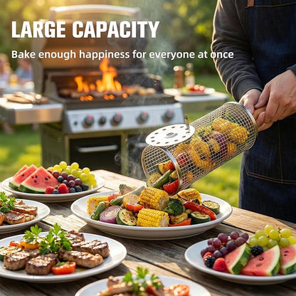 Rolling Grilling Basket for Outdoor Grilling,9-Piece Stainless Steel BBQ Accessories Set,Perfect Gifts for Men Dad Husband,Portable Camping Nesting Grill Baskets for Fish, Shrimp, Meat, Vegetables