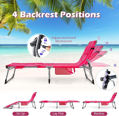 GYMAX Tanning Chair, 3 in 1 Sun Bathing Lounge Chairs with Face/Arm Holes & Side Pocket, Portable Lightweight Face Down Layout Tanning Chair for Outside, Beach, Backyard, Poolside (1, Pink Stripe)