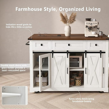 Merax Farmhouse 58" Kitchen Island on 5 Wheels with Drop Leaf Table, White | Wood Kitchen Rolling Cart with Power Outlet & Glass Holders, Spice Rack & Sliding Barn Door, 3 Drawers & Cabinet