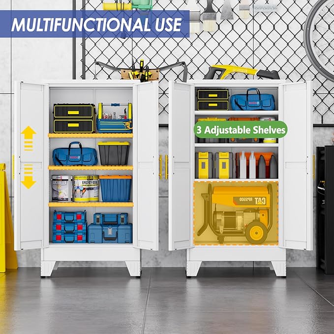 47" Metal Garage Storage Cabinet with 2 Doors and 3 Adjustable Shelves,Metal Storage Cabinets,Steel Tool Cabinets for Home,Office,Garage,Warehouse (White, 47''H x 24''W x 12''D)