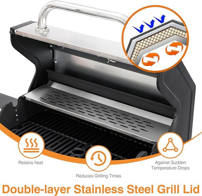 Dual Fuel 4-Burner Gas Grill with Side Burner & Charcoal Trays, 4-in-1 Outdoor BBQ & Griddle Combo, Cast Iron Grates + Flat Top, 448 sq in Large Portable for Backyard Camping