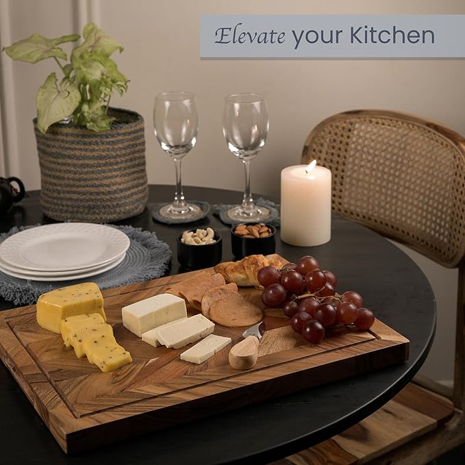 The Fine Living Co. Large Cutting Board, Acacia Wood Meat Chopping Board, Butcher Block with Juice Groove, Chevron Chequered Style, 1" Thick & Food-grade Serving Board, 16"x12"