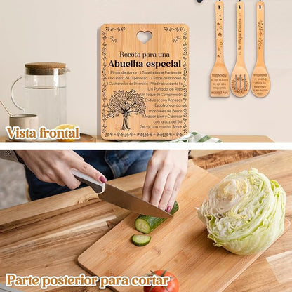 Regalos de cumpleaños para Abuelita - "Receta para una Abuelita especial". Juego de tablas de cortar y utensilios de bambú grabados. Regalos de cumpleaños para Abuelita. Spanish Grandma Cutting Board