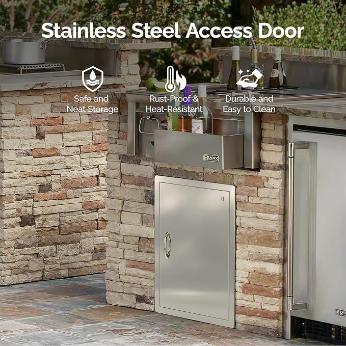 Sersper Outdoor Kitchen Door, 17" W x 24" H Stainless Steel Single Access Door with Venting Holes, Recessed Installation, 1 Ergonomic Handles, 3 Hooks, Ideal for Outdoor Kitchens and BBQ Islands