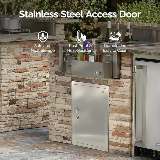 Sersper Outdoor Kitchen Door, 17" W x 24" H Stainless Steel Single Access Door with Venting Holes, Recessed Installation, 1 Ergonomic Handles, 3 Hooks, Ideal for Outdoor Kitchens and BBQ Islands