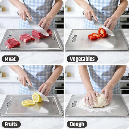 3-Piece Titanium Cutting Board for Kitchen, Double-Sided Scratch-Resistant Chopping Boards with Juice Grooves, Metal Cutting Boards with Non-Slip Mat, Dishwasher Safe for Fruit, Meat, Vegetables, Gray