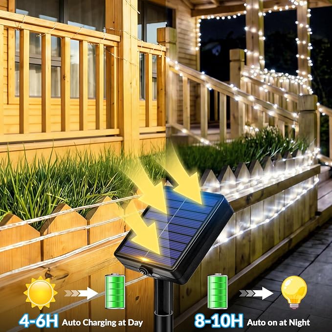 Solar Rope Lights, 33FT 100 LED Solar Fairy Lights with 8 Lighting Modes, IP65 Waterproof Strip Light Outdoor for Garden Yard Patio Deck Fence Tree Party Holiday Decoration, Cold White
